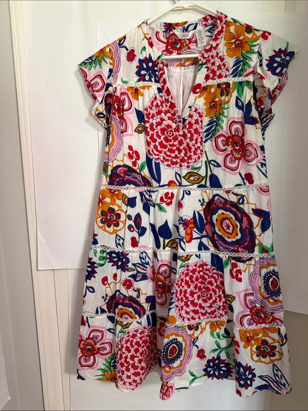 Kaktus White Floral Tiered Dress with Pink, Blue & Yellow.